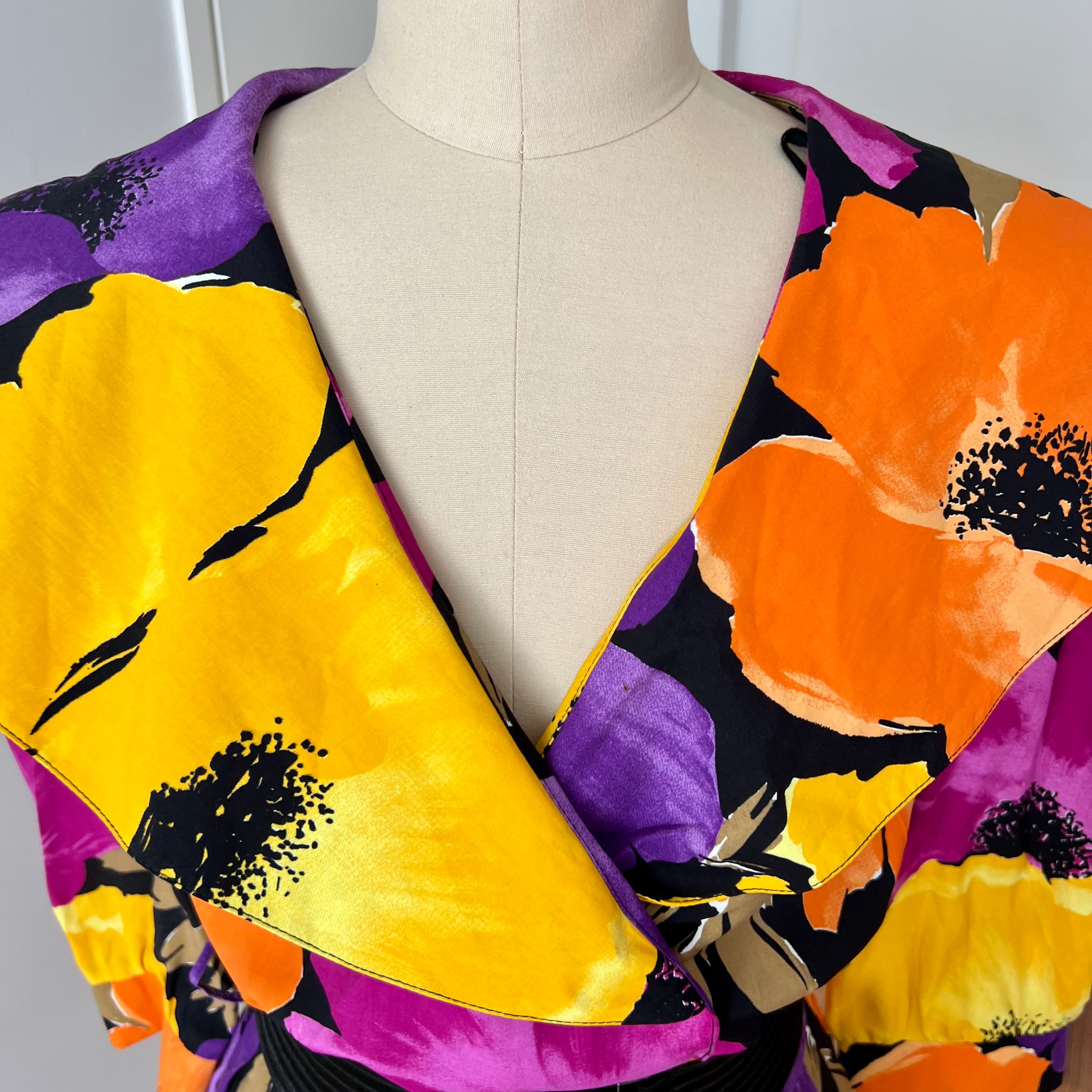 1980s Floral Viscose Belted Day Dress Double Breasted Pleated Abstract Print Midi Party Dress