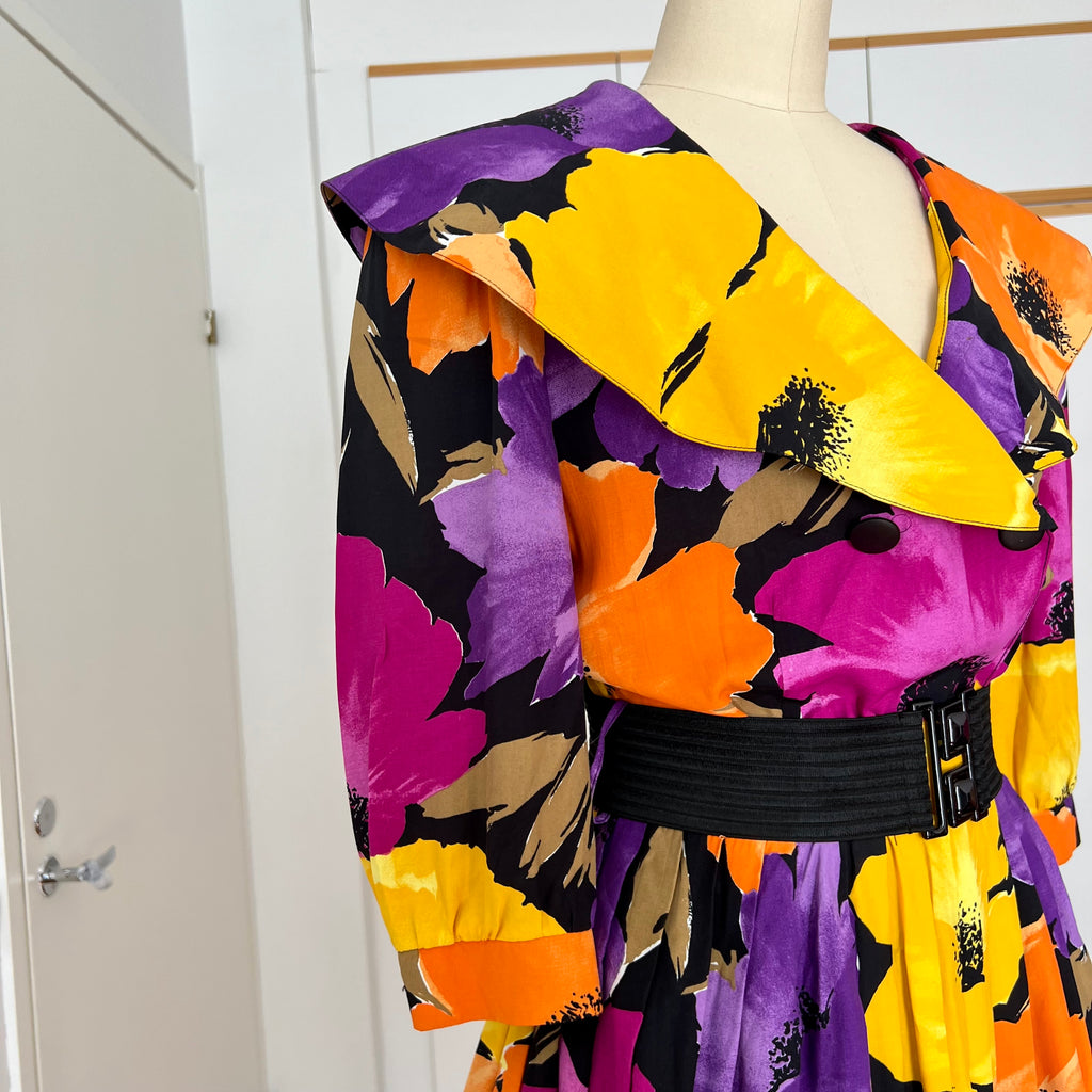 1980s Floral Viscose Belted Day Dress Double Breasted Pleated Abstract Print Midi Party Dress