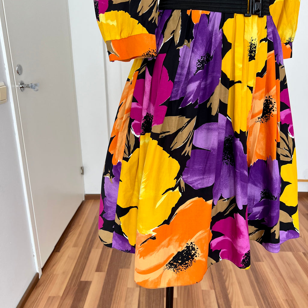 1980s Floral Viscose Belted Day Dress Double Breasted Pleated Abstract Print Midi Party Dress