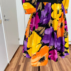 1980s Floral Viscose Belted Day Dress Double Breasted Pleated Abstract Print Midi Party Dress