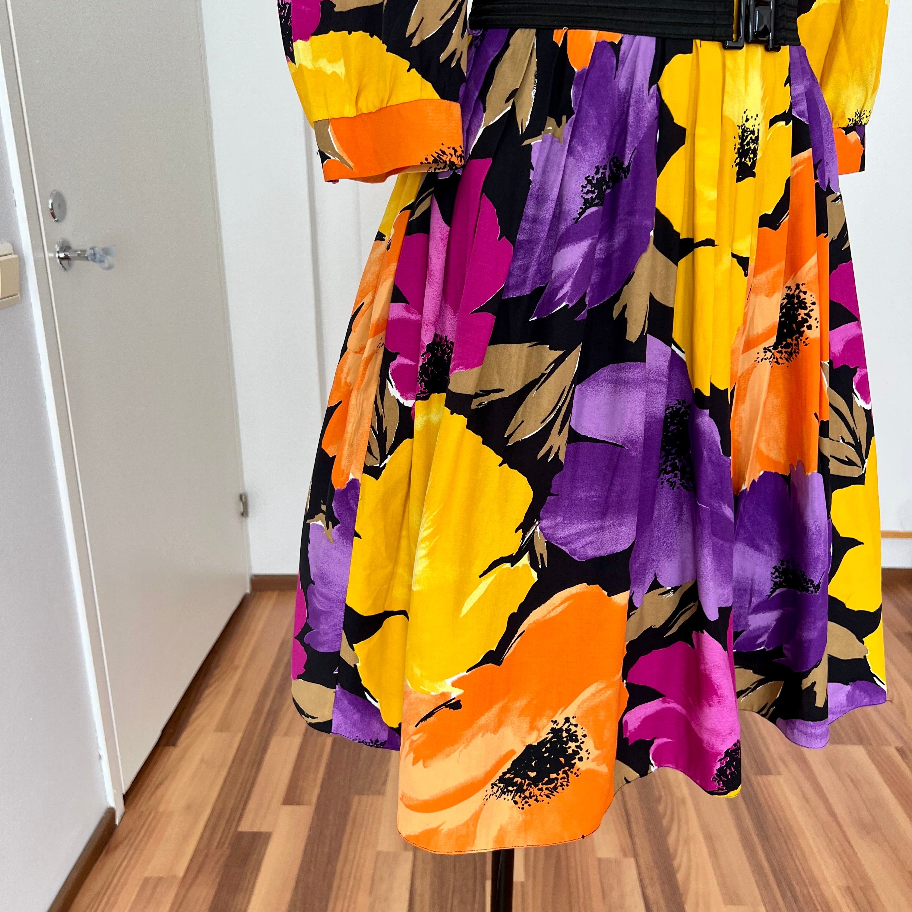 1980s Floral Viscose Belted Day Dress Double Breasted Pleated Abstract Print Midi Party Dress