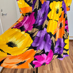 1980s Floral Viscose Belted Day Dress Double Breasted Pleated Abstract Print Midi Party Dress