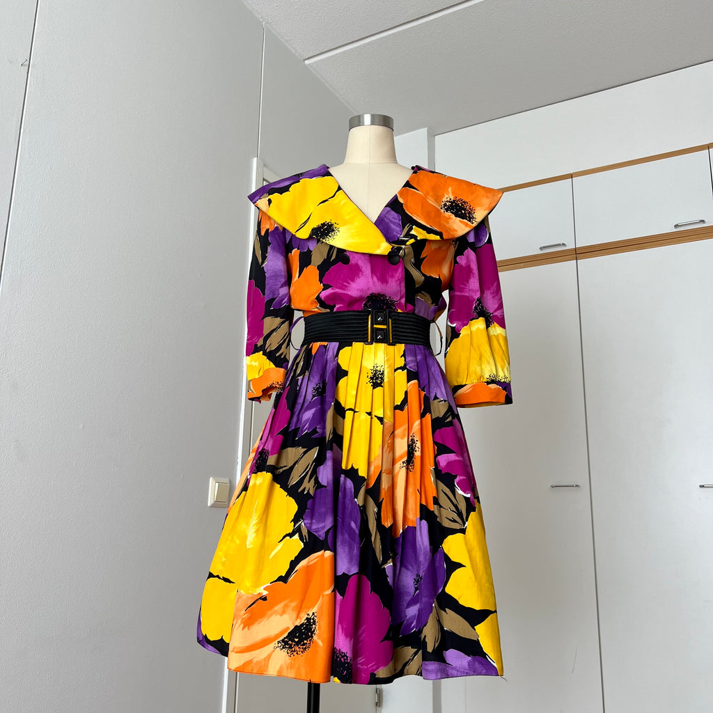 1980s Floral Viscose Belted Day Dress Double Breasted Pleated Abstract Print Midi Party Dress