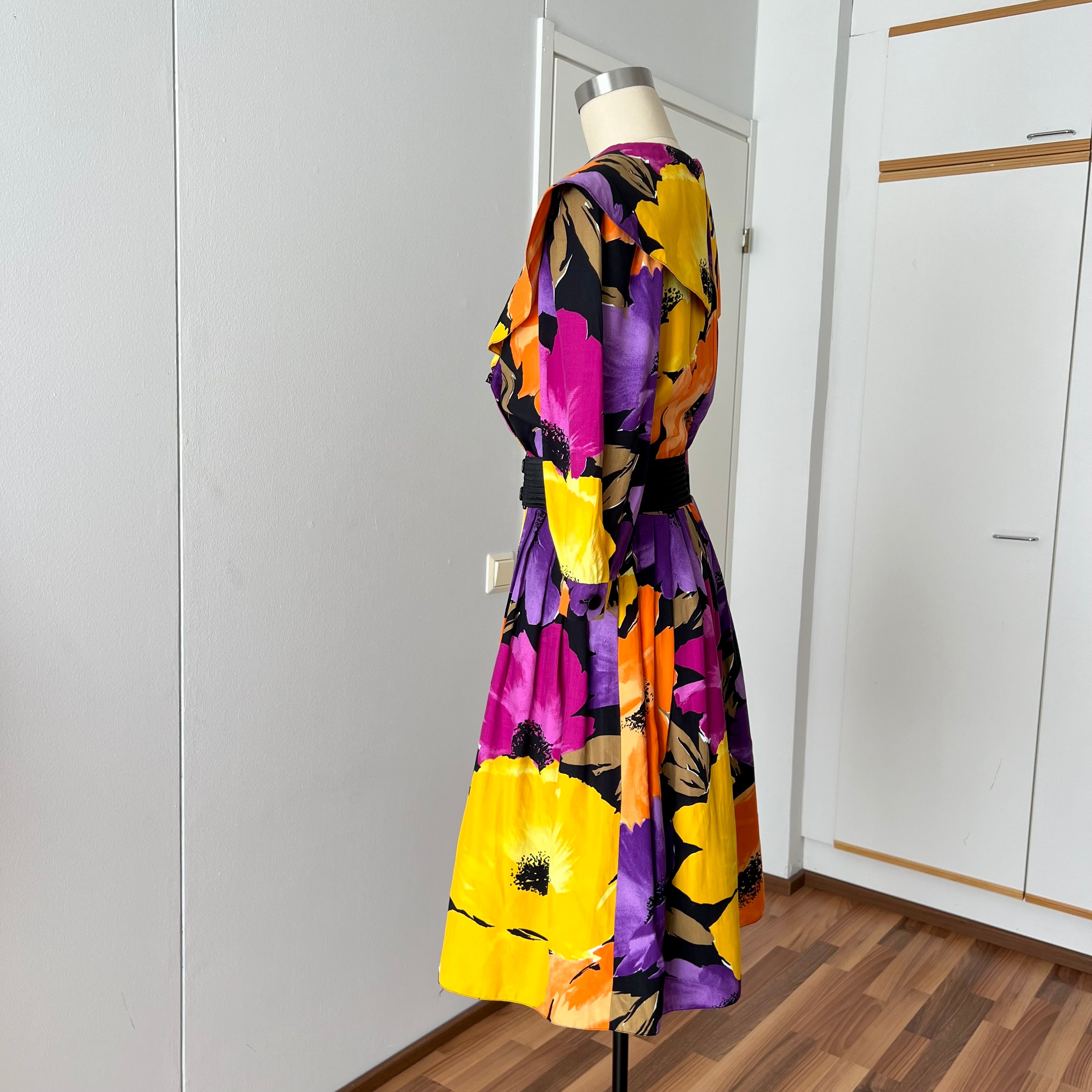 1980s Floral Viscose Belted Day Dress Double Breasted Pleated Abstract Print Midi Party Dress