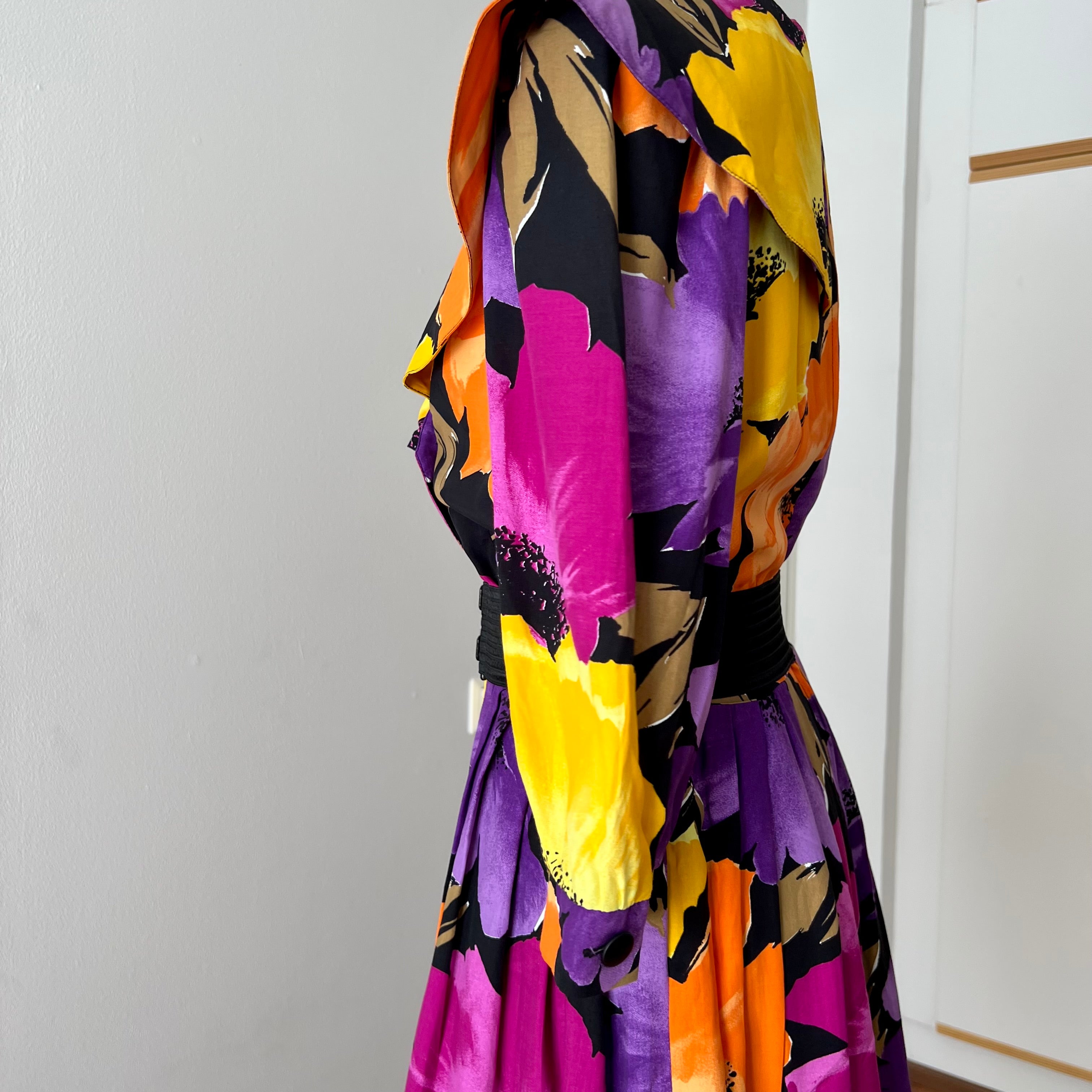 1980s Floral Viscose Belted Day Dress Double Breasted Pleated Abstract Print Midi Party Dress
