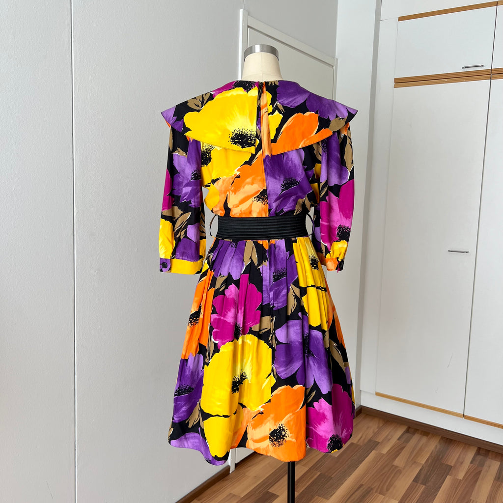 1980s Floral Viscose Belted Day Dress Double Breasted Pleated Abstract Print Midi Party Dress