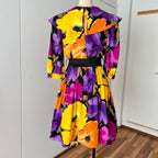 1980s Floral Viscose Belted Day Dress Double Breasted Pleated Abstract Print Midi Party Dress