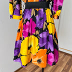 1980s Floral Viscose Belted Day Dress Double Breasted Pleated Abstract Print Midi Party Dress