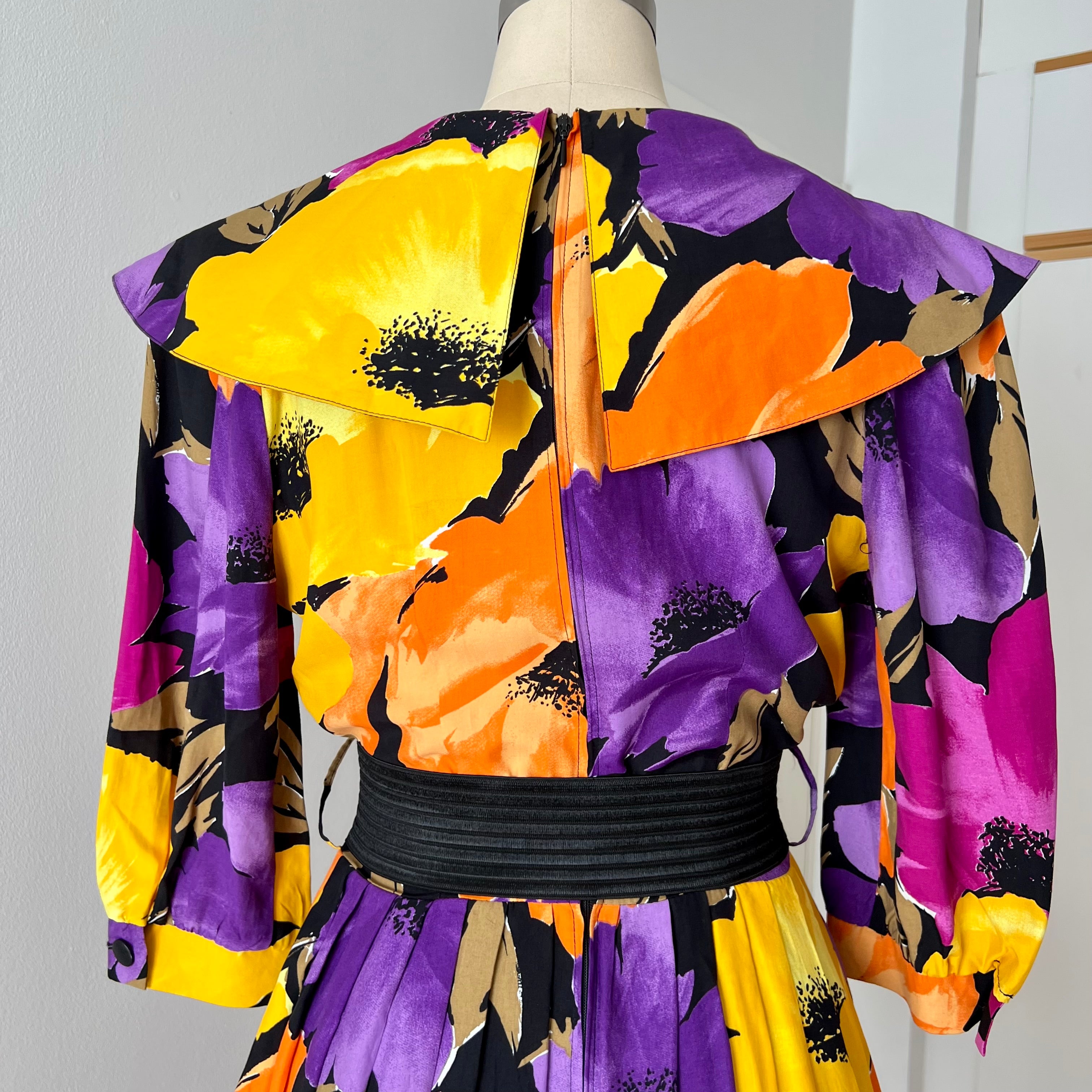 1980s Floral Viscose Belted Day Dress Double Breasted Pleated Abstract Print Midi Party Dress