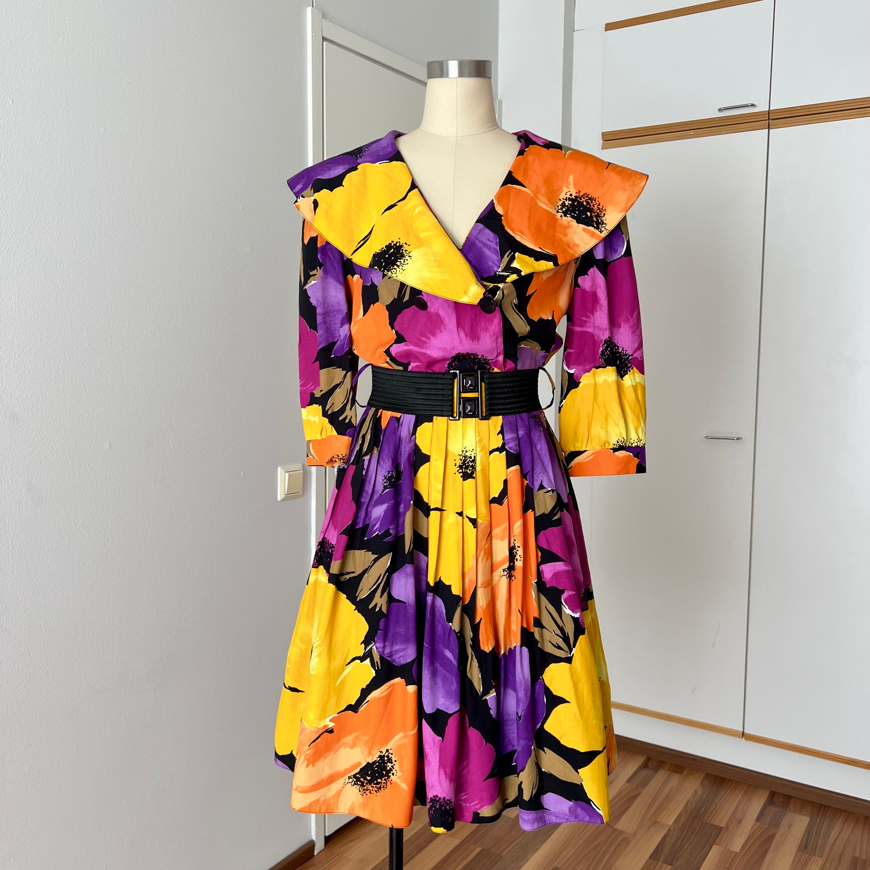 1980s Floral Viscose Belted Day Dress Double Breasted Pleated Abstract Print Midi Dress