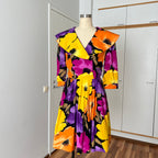 1980s Floral Viscose Belted Day Dress Double Breasted Pleated Abstract Print Midi Party Dress