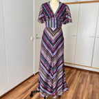 1970s Vintage VERA MONT Chevron Stripe Maxi Dress-V Neck Aline Formal Dress