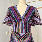 1970s Vintage VERA MONT Chevron Stripe Maxi Dress-V Neck Aline Formal Dress