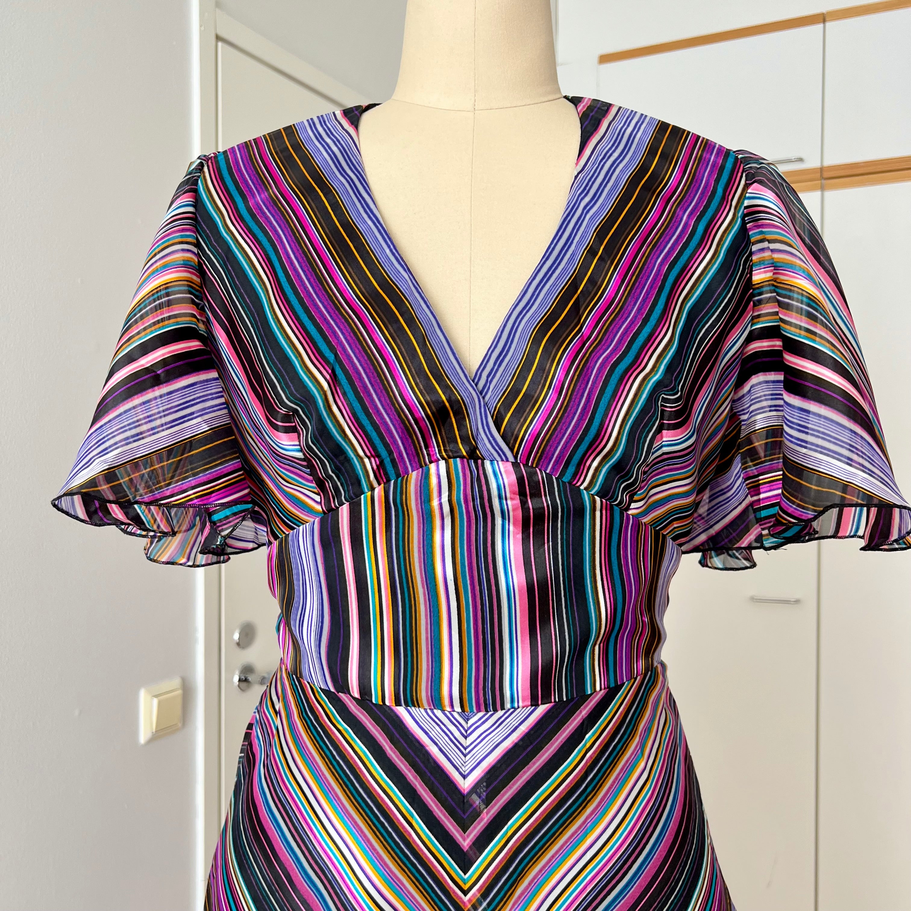 1970s Vintage VERA MONT Chevron Stripe Maxi Dress-V Neck Aline Formal Dress