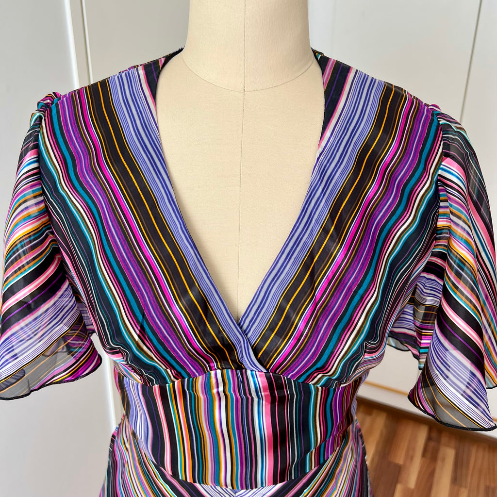 1970s Vintage VERA MONT Chevron Stripe Maxi Dress-V Neck Aline Formal Dress