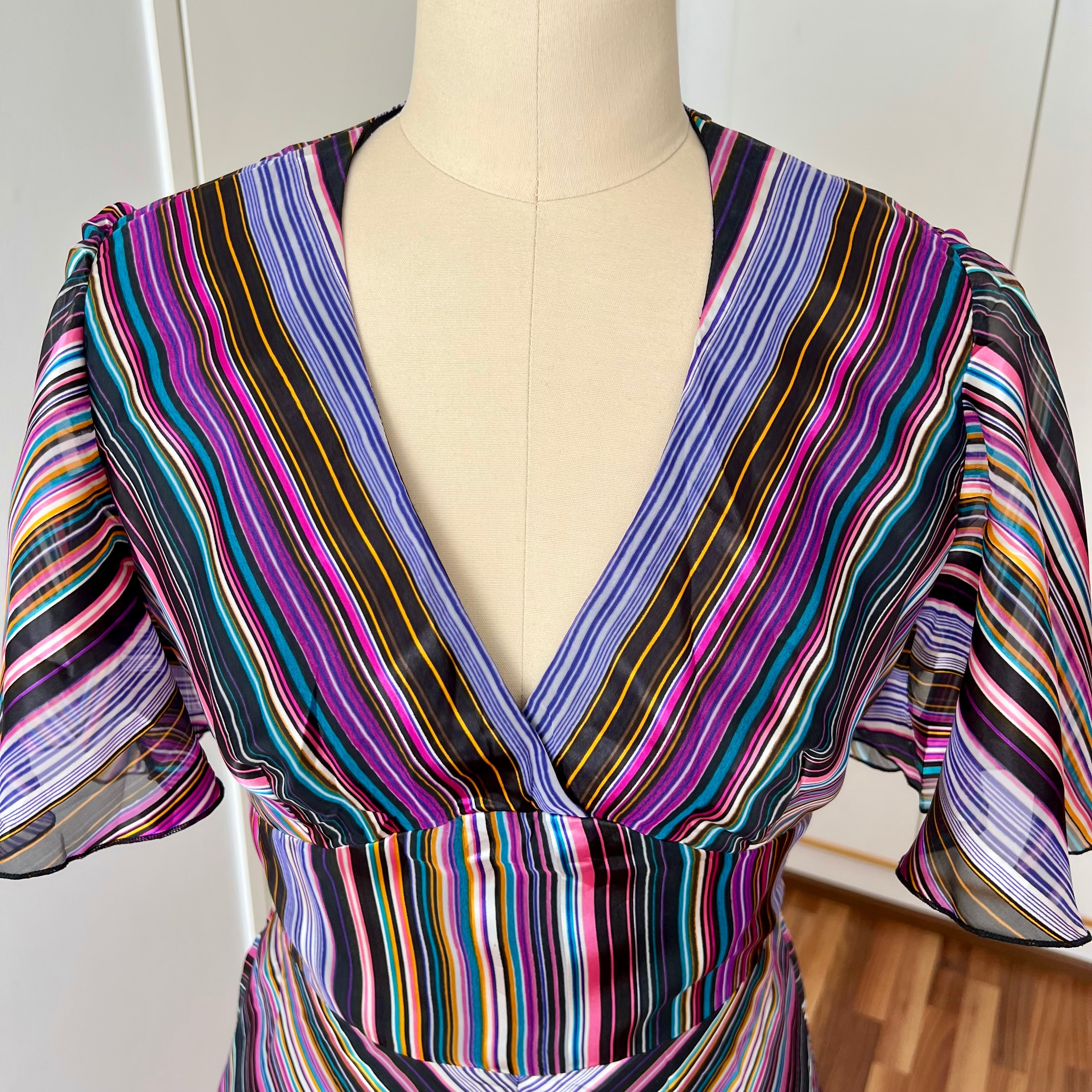 1970s Vintage VERA MONT Chevron Stripe Maxi Dress-V Neck Aline Formal Dress