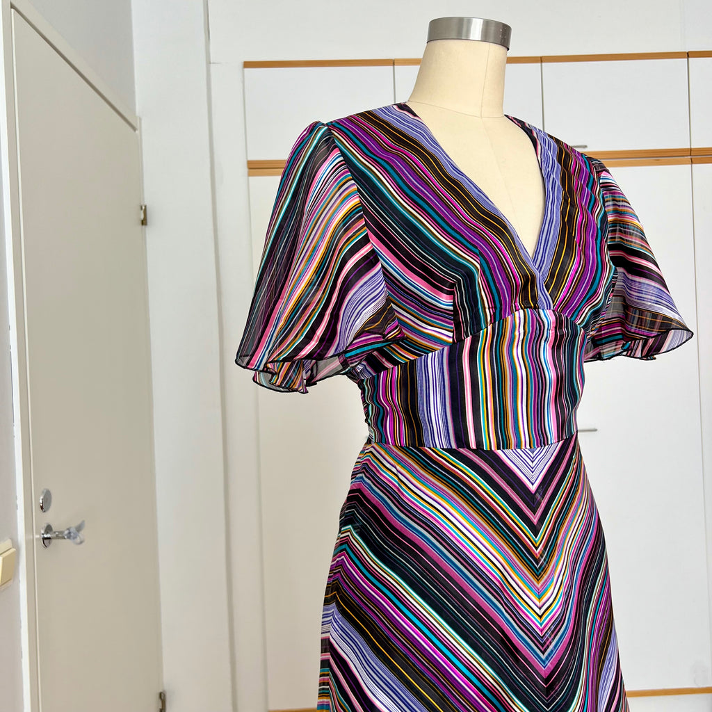 1970s Vintage VERA MONT Chevron Stripe Maxi Dress-V Neck Aline Formal Dress