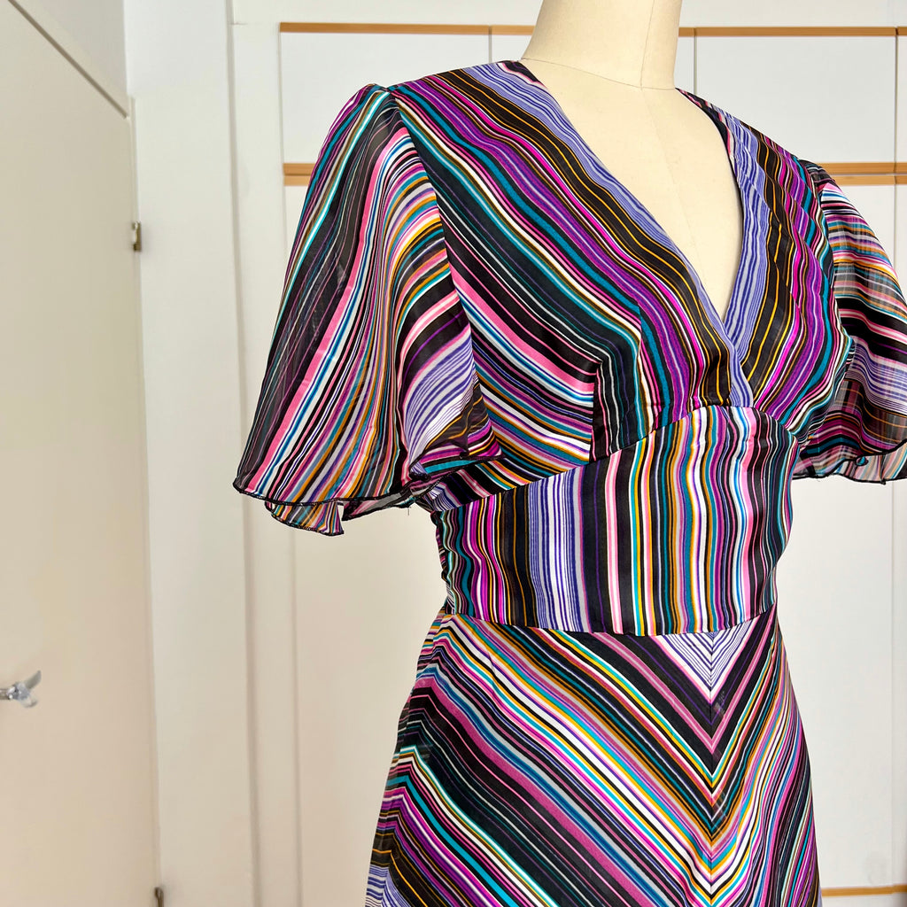 1970s Vintage VERA MONT Chevron Stripe Maxi Dress-V Neck Aline Formal Dress