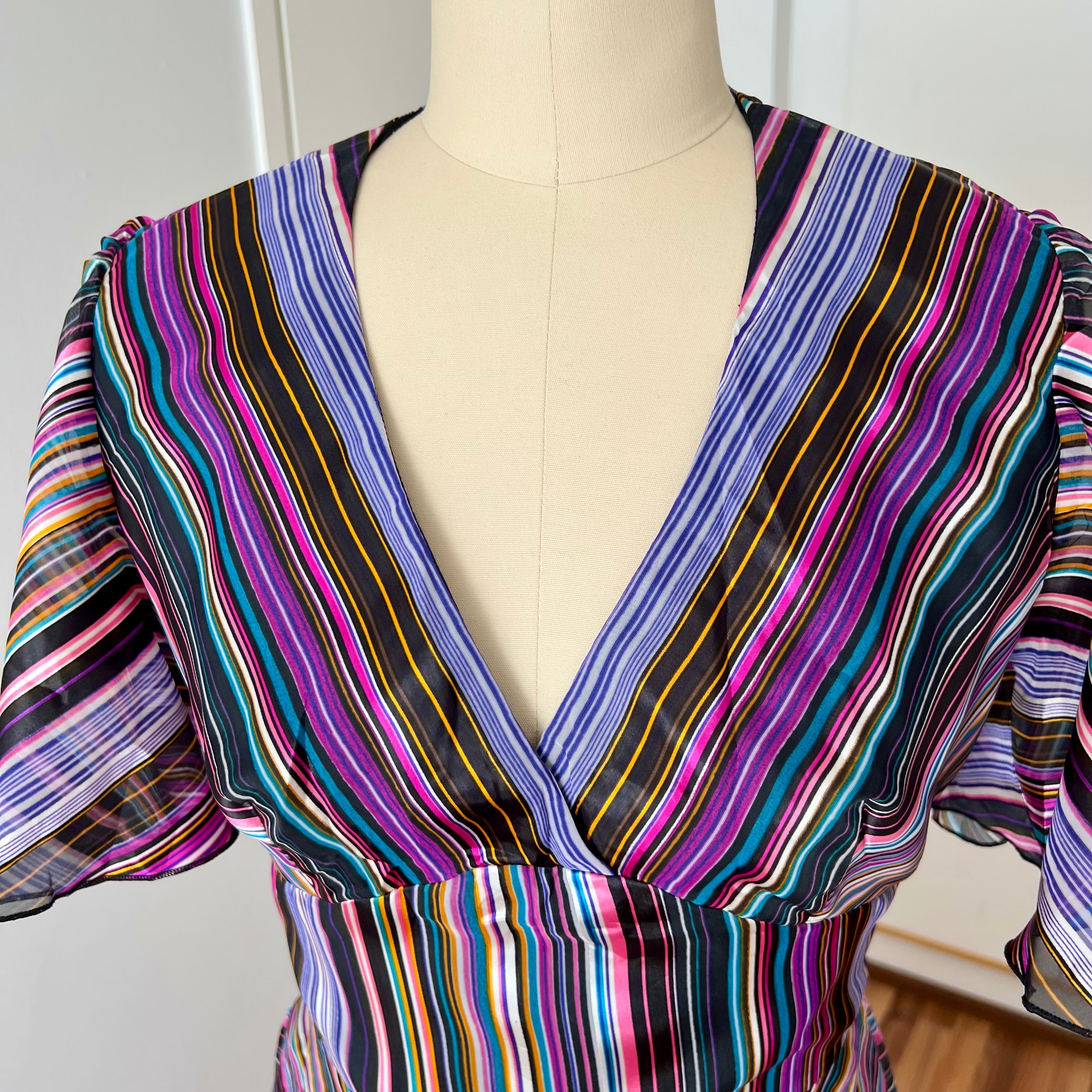 1970s Vintage VERA MONT Chevron Stripe Maxi Dress-V Neck Aline Formal Dress