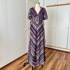 1970s Vintage VERA MONT Chevron Stripe Maxi Dress-V Neck Aline Formal Dress