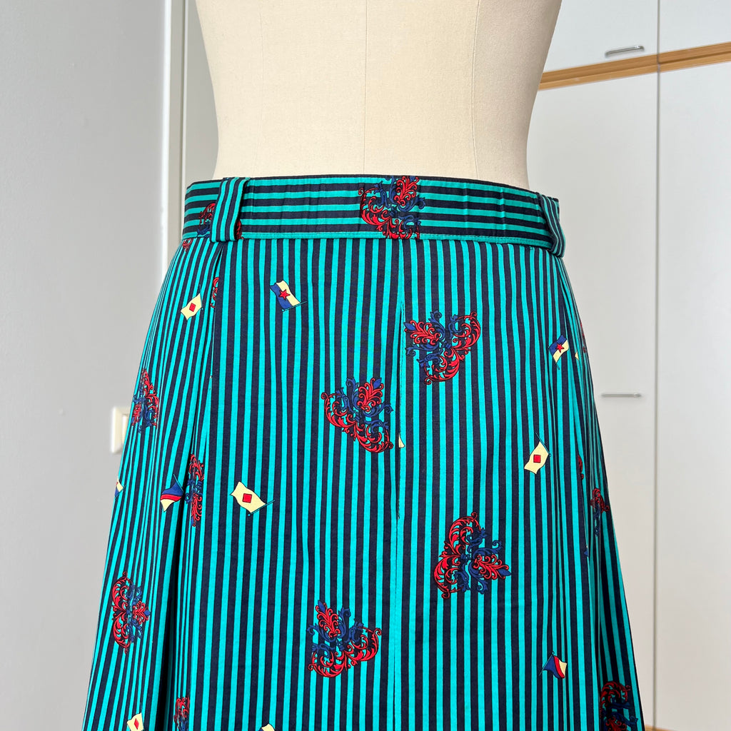 1980s Cotton Pleated Midi Skirt-High Waisted Preppy Summer Skirt-Striped Aline Skirt EU 38