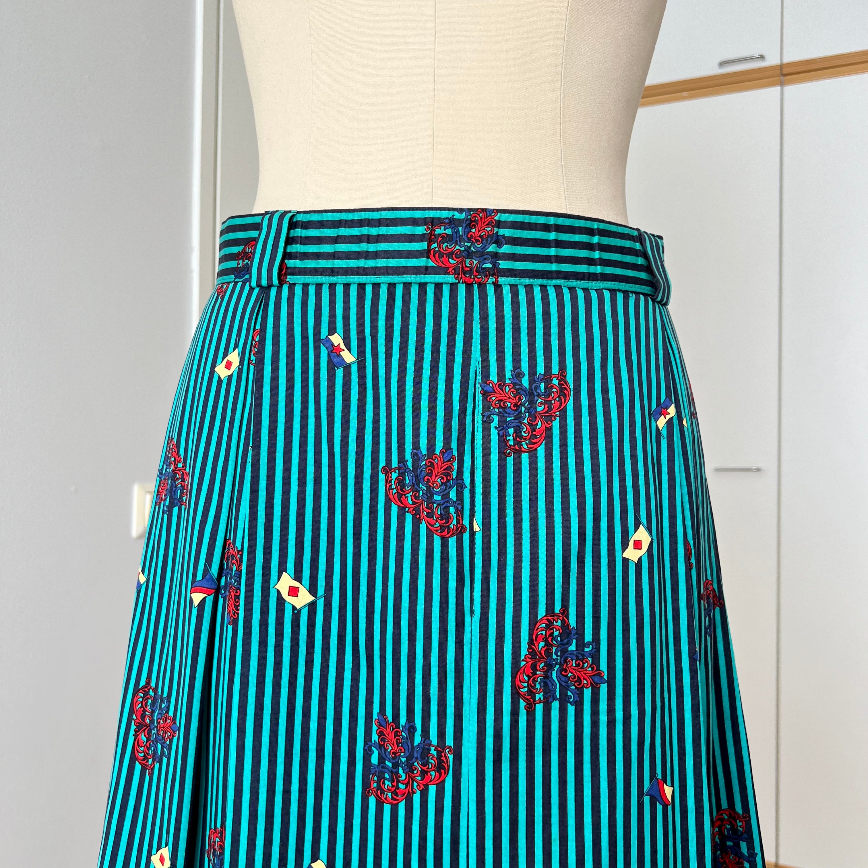 1980s Cotton Pleated Midi Skirt-High Waisted Preppy Summer Skirt-Striped Aline Skirt EU 38