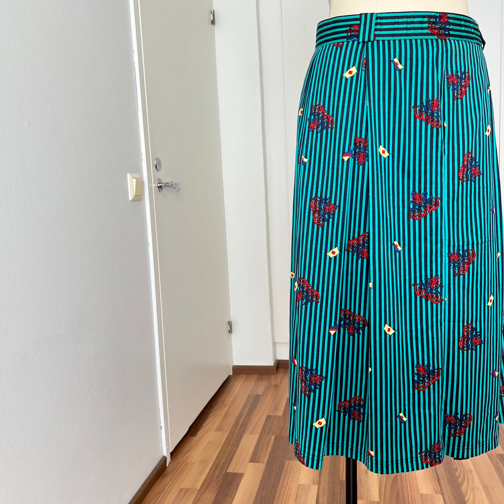 1980s Cotton Pleated Midi Skirt-High Waisted Preppy Summer Skirt-Striped Aline Skirt EU 38