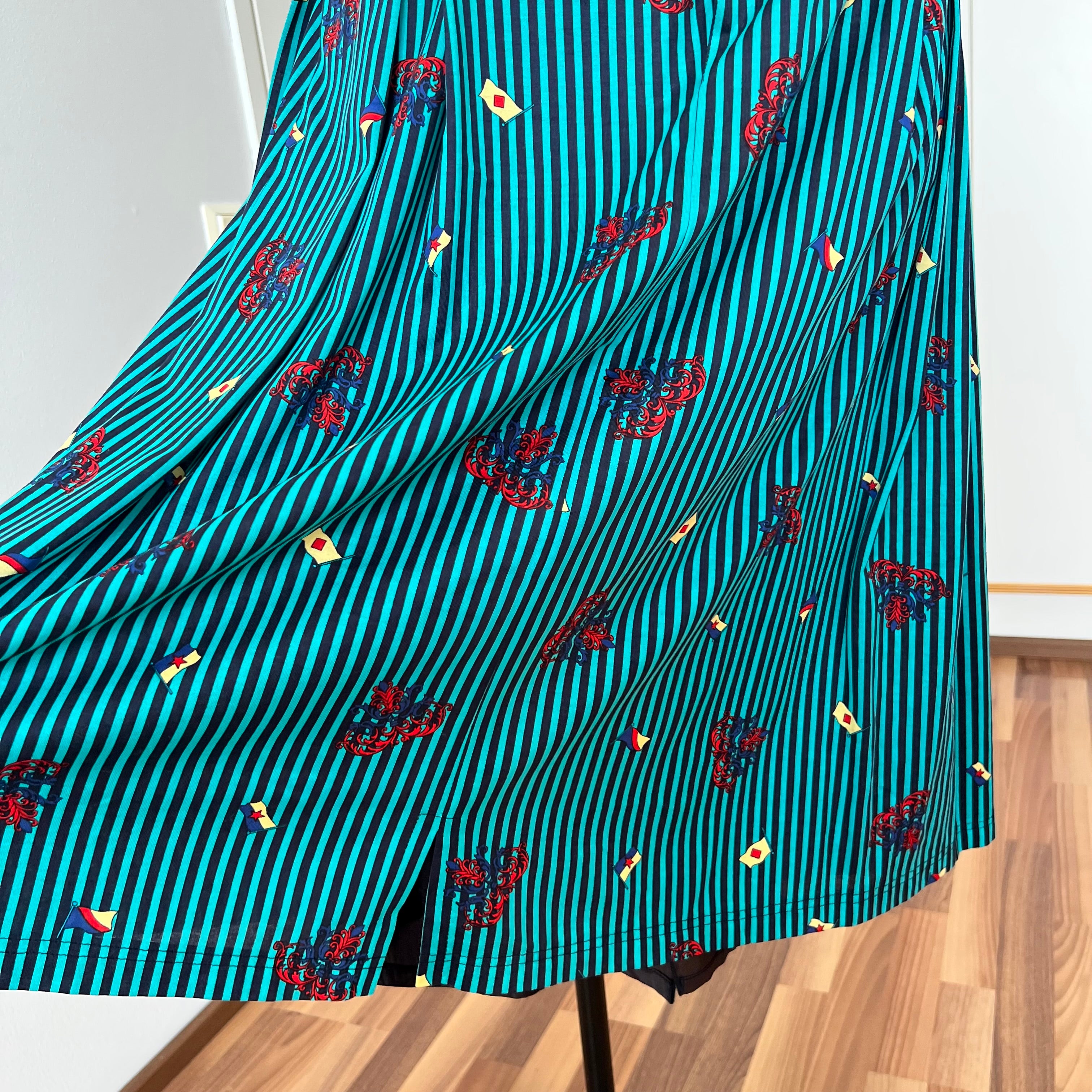 1980s Cotton Pleated Midi Skirt-High Waisted Preppy Summer Skirt-Striped Aline Skirt EU 38
