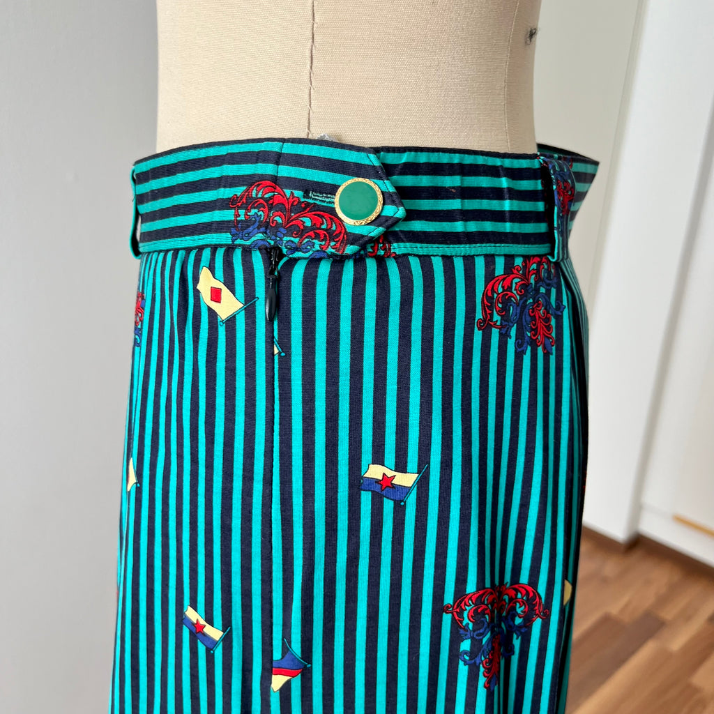 1980s Cotton Pleated Midi Skirt-High Waisted Preppy Summer Skirt-Striped Aline Skirt EU 38