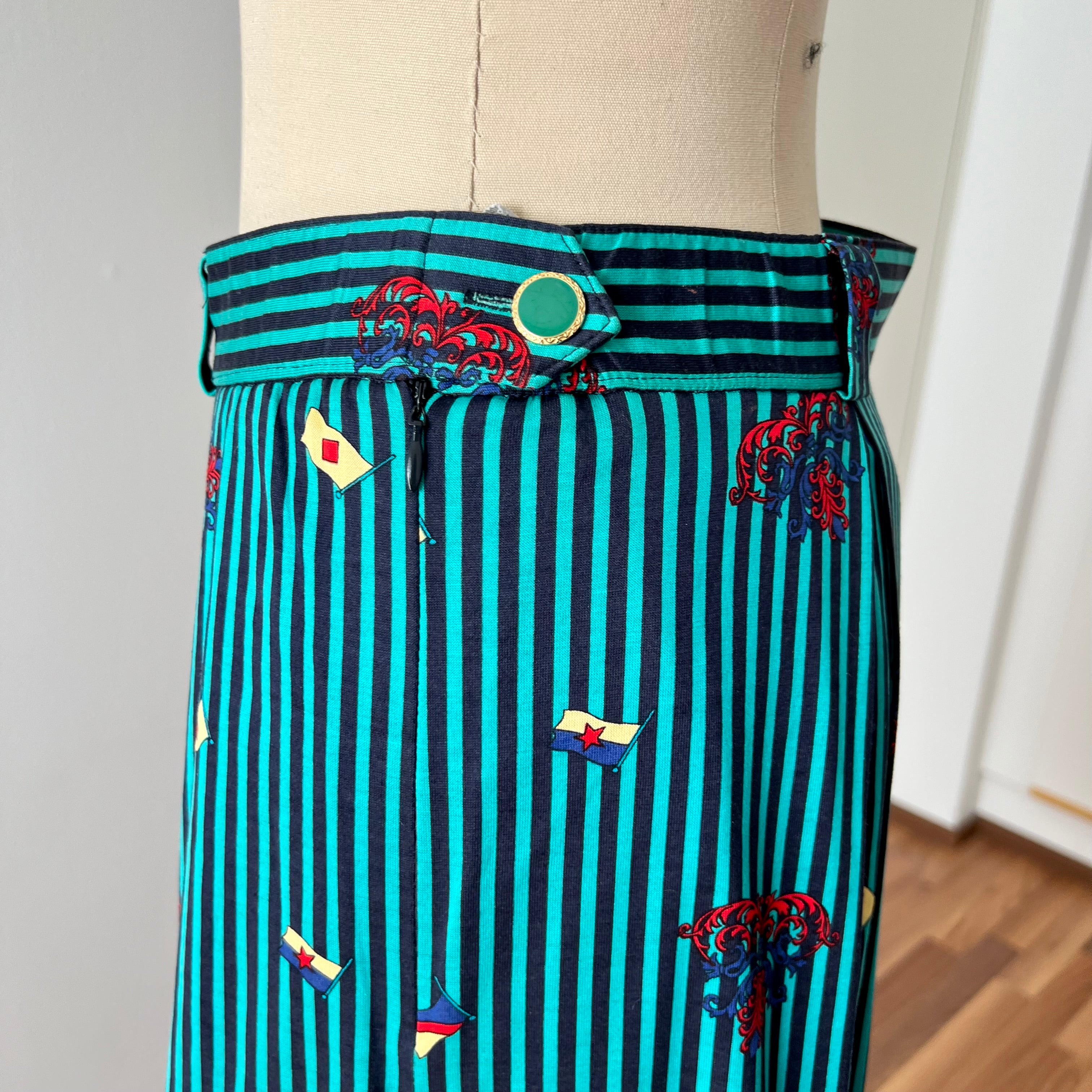 1980s Cotton Pleated Midi Skirt-High Waisted Preppy Summer Skirt-Striped Aline Skirt EU 38