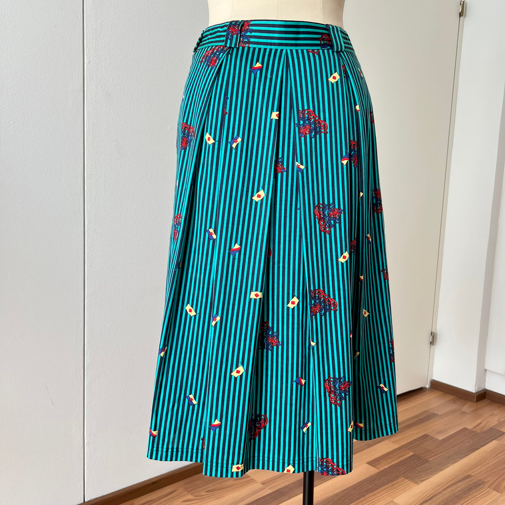 1980s Cotton Pleated Midi Skirt-High Waisted Preppy Summer Skirt-Striped Aline Skirt EU 38