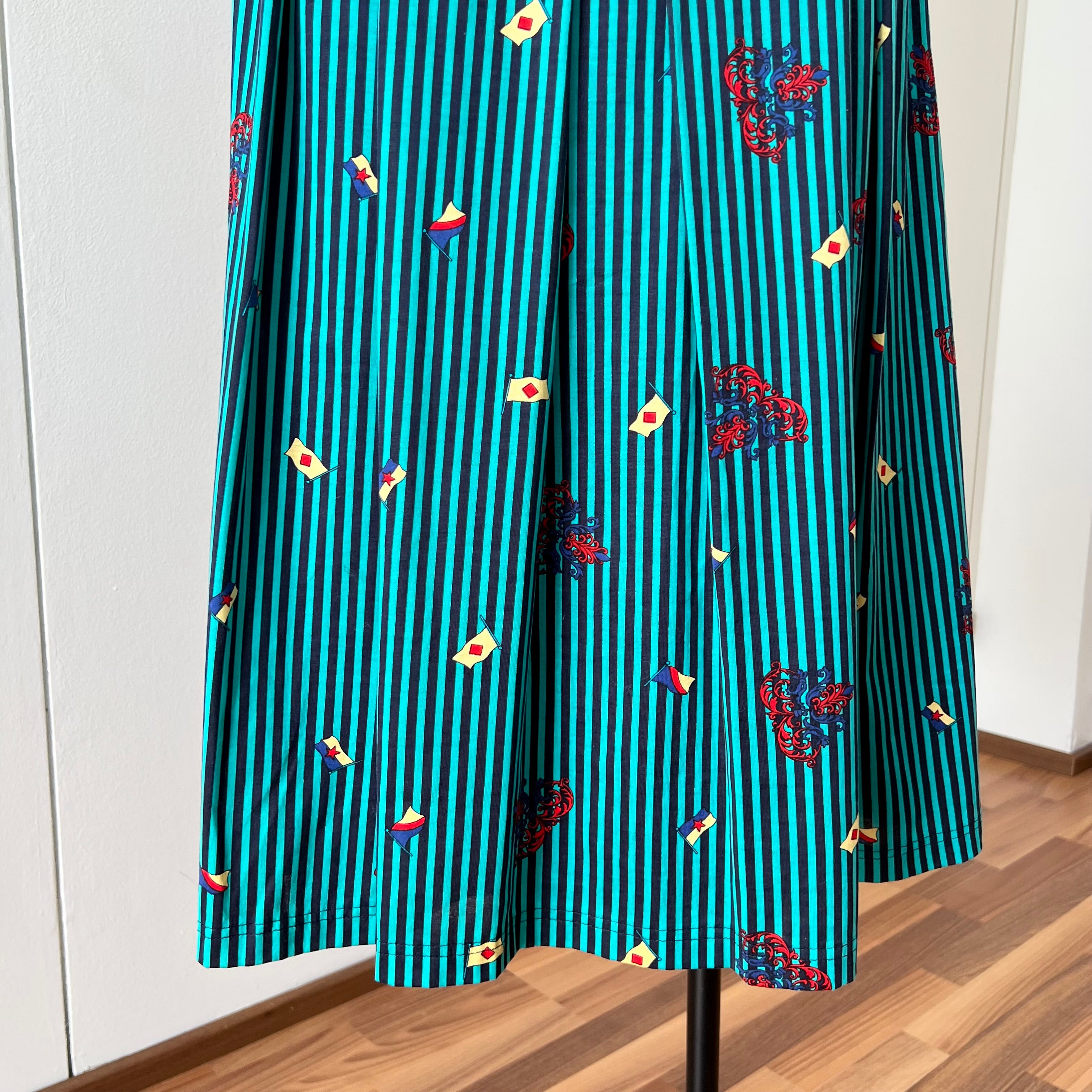 1980s Cotton Pleated Midi Skirt-High Waisted Preppy Summer Skirt-Striped Aline Skirt EU 38