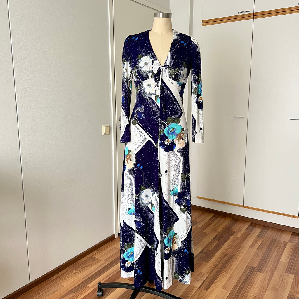 70s Floral Boho Maxi Dress – Mod Geometric Garden Party Gown (EU 38)