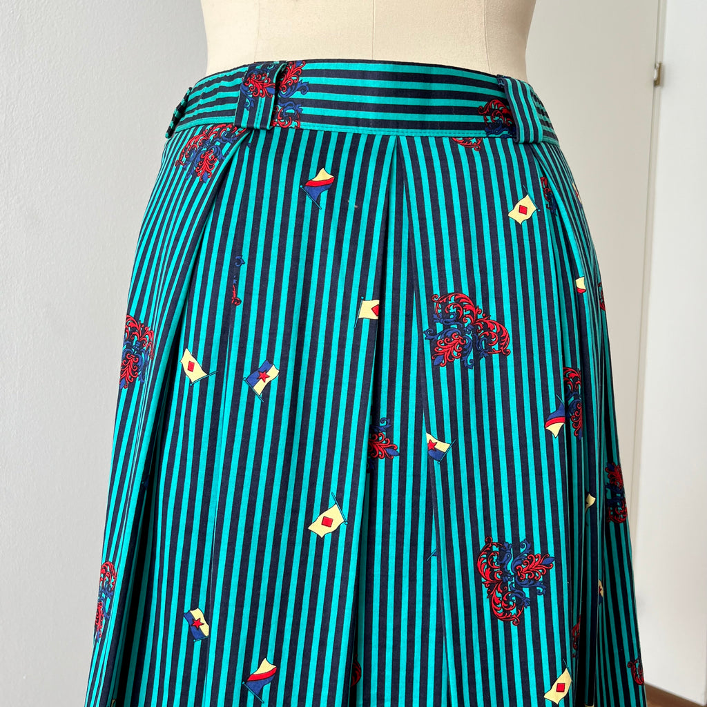 1980s Cotton Pleated Midi Skirt-High Waisted Preppy Summer Skirt-Striped Aline Skirt EU 38