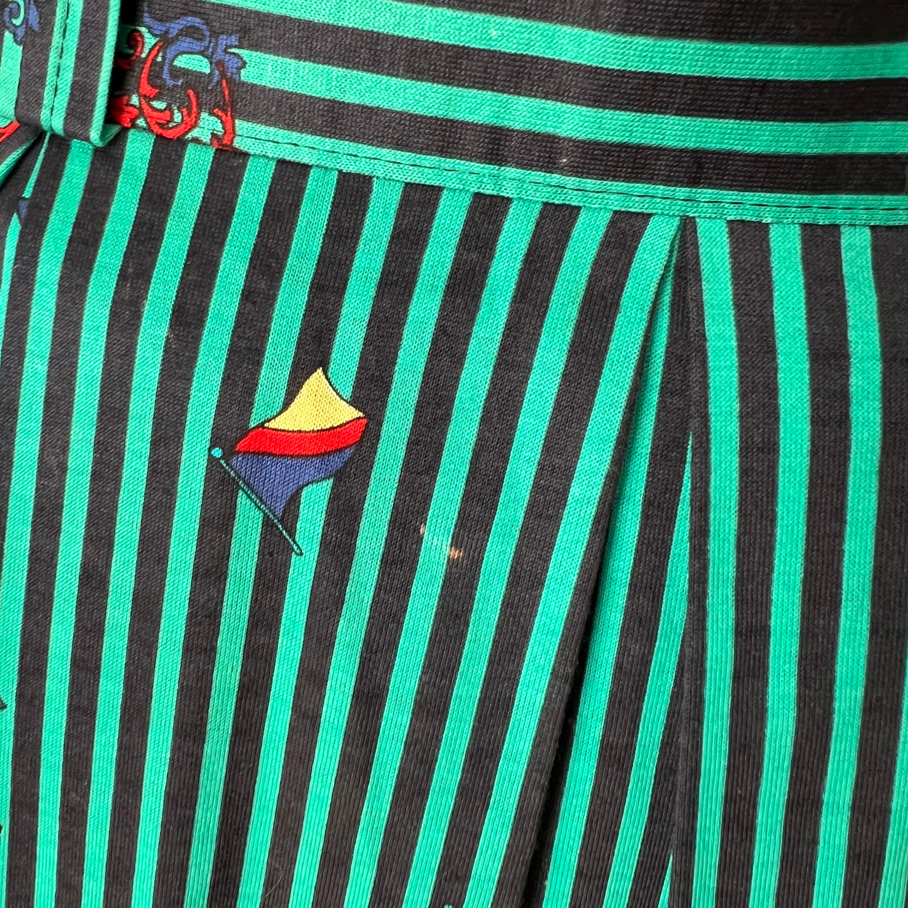 1980s Cotton Pleated Midi Skirt-High Waisted Preppy Summer Skirt-Striped Aline Skirt EU 38