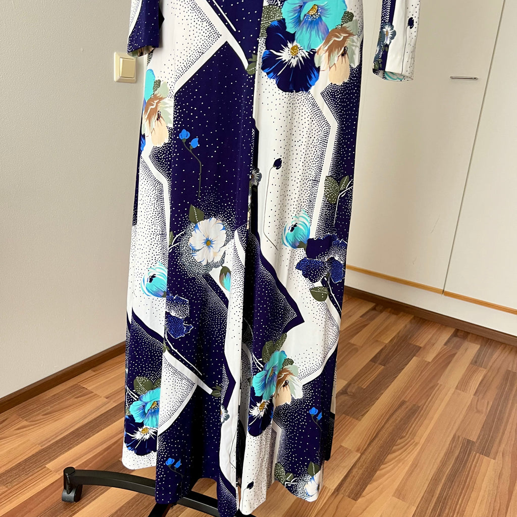 70s Floral Boho Maxi Dress – Mod Geometric Garden Party Gown (EU 38)