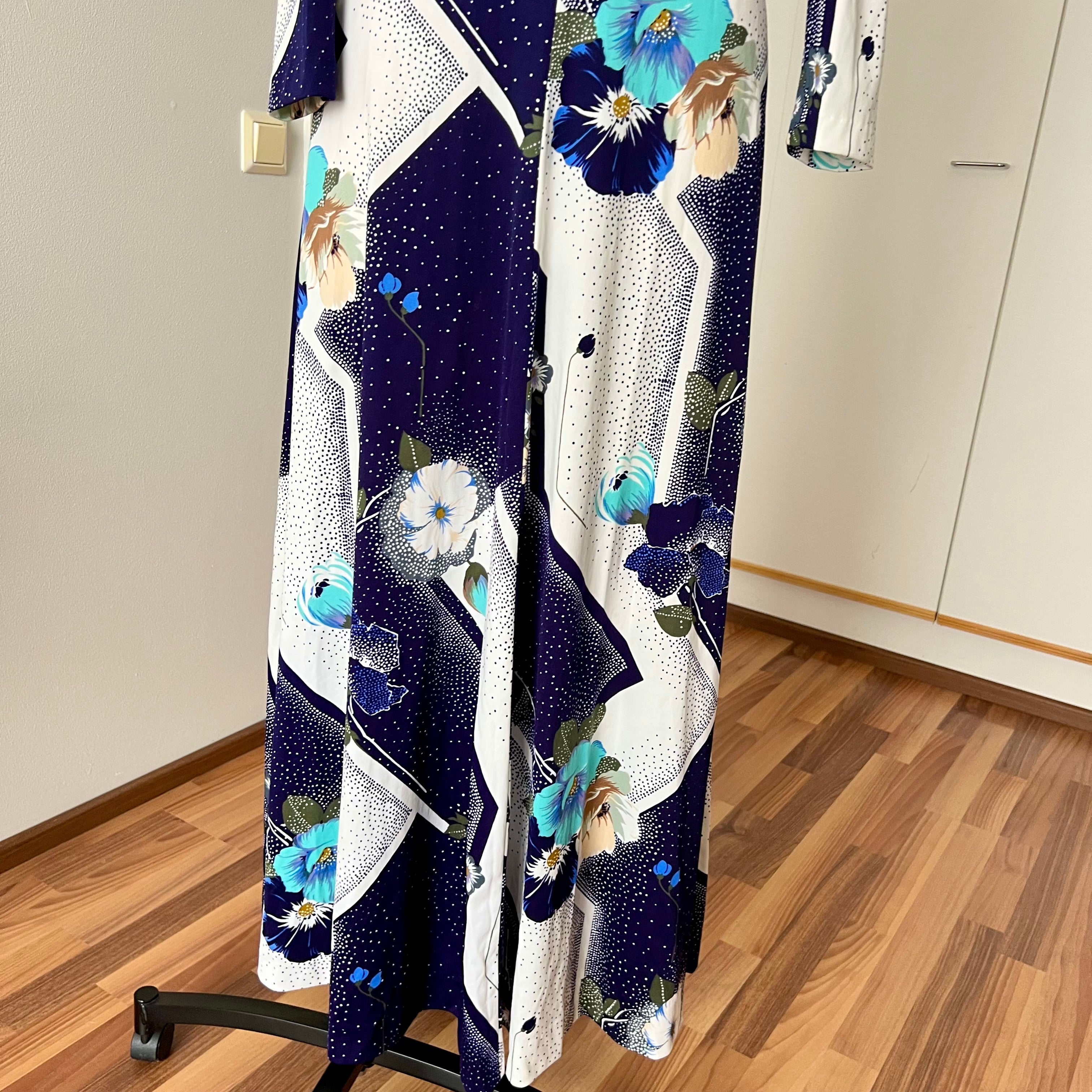 70s Floral Boho Maxi Dress – Mod Geometric Garden Party Gown (EU 38)