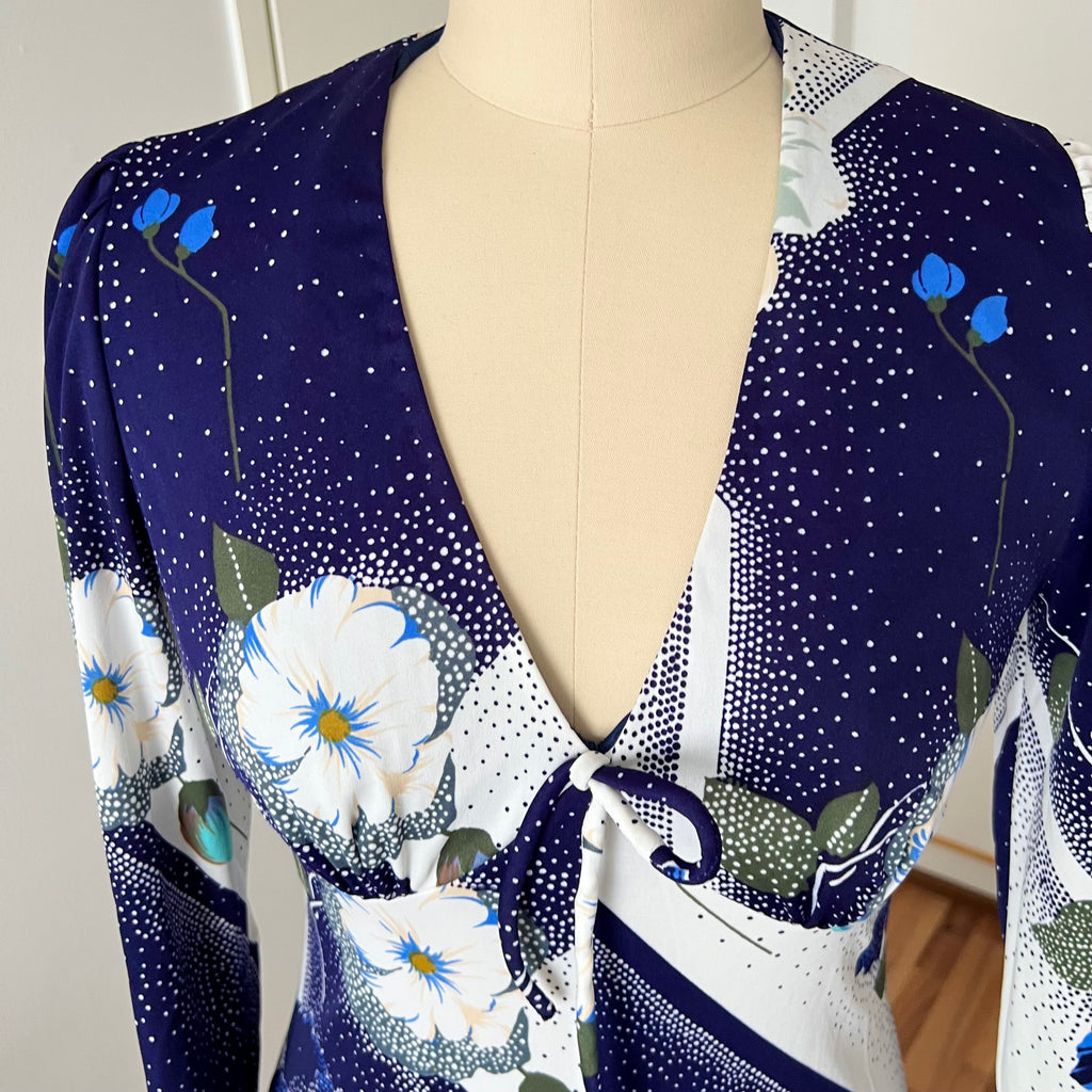 70s Floral Boho Maxi Dress – Mod Geometric Garden Party Gown (EU 38)