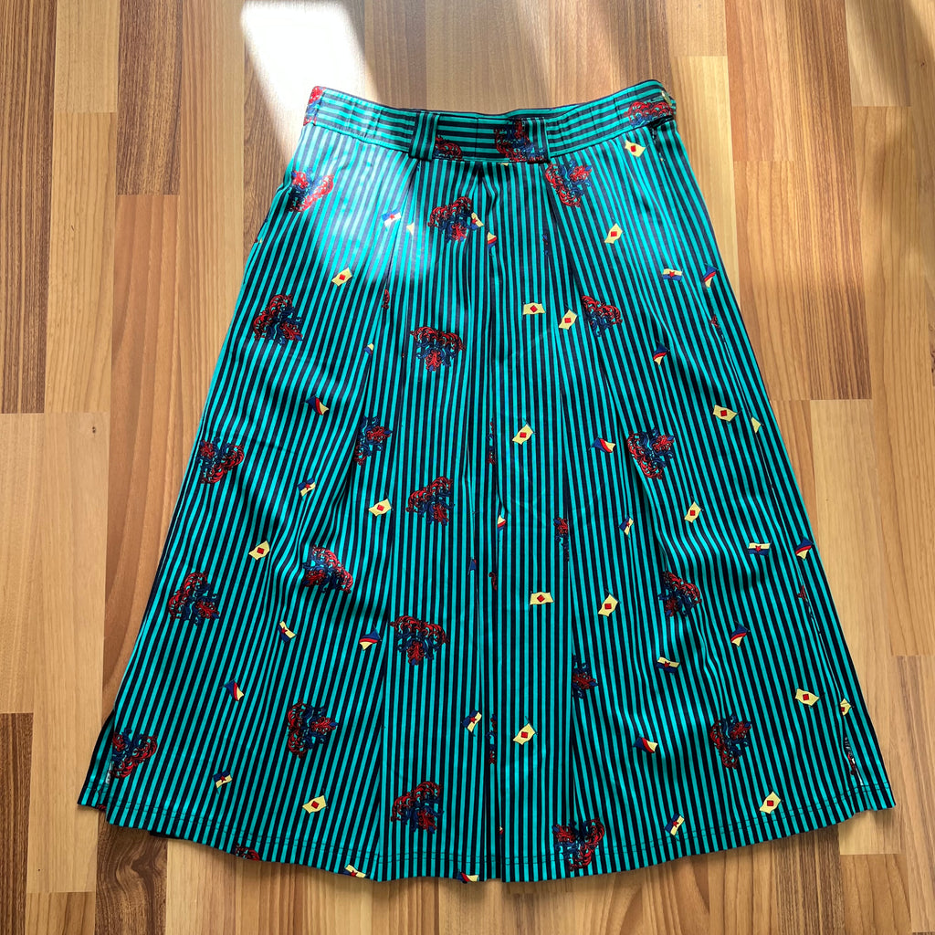 1980s Cotton Pleated Midi Skirt-High Waisted Preppy Summer Skirt-Striped Aline Skirt EU 38