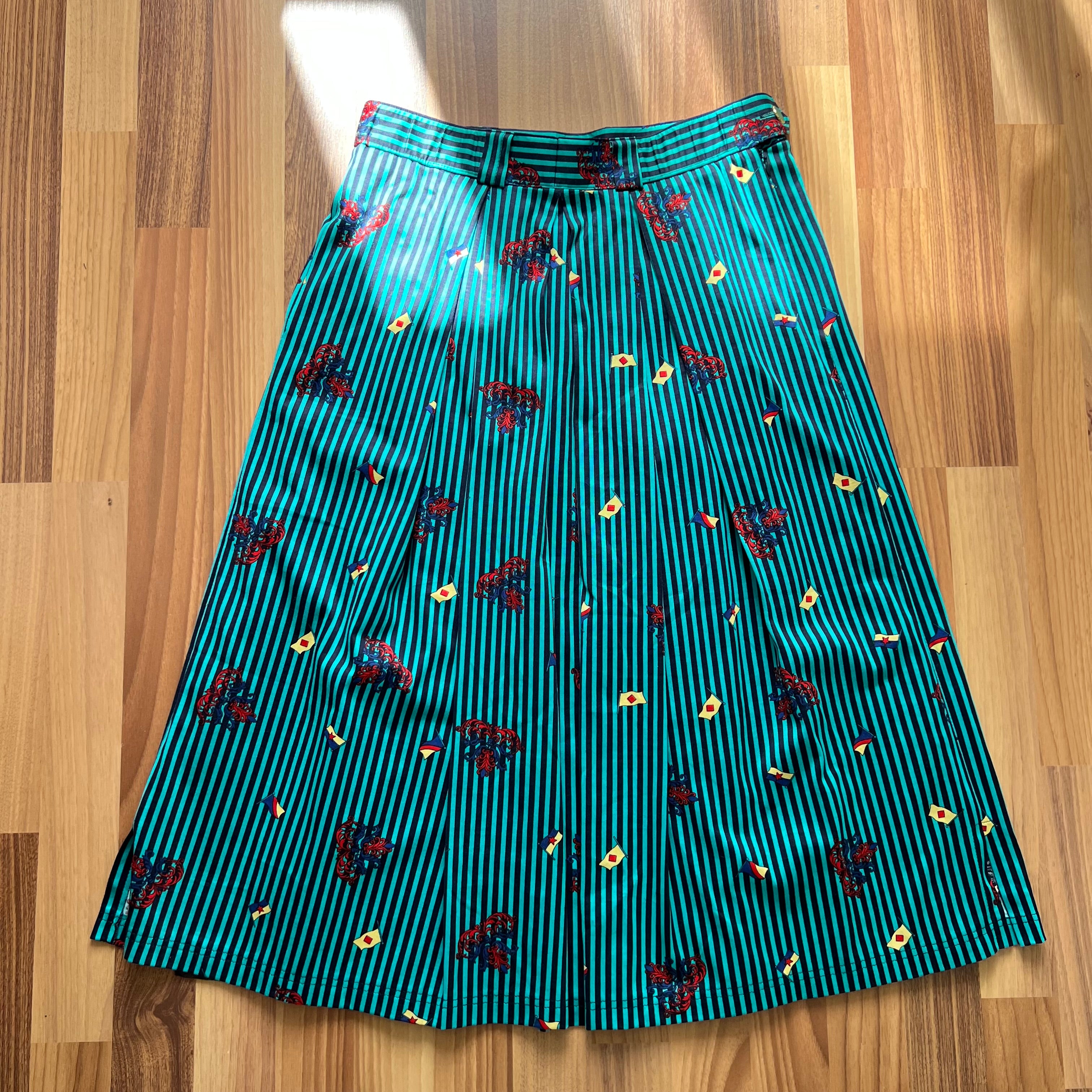 1980s Cotton Pleated Midi Skirt-High Waisted Preppy Summer Skirt-Striped Aline Skirt EU 38