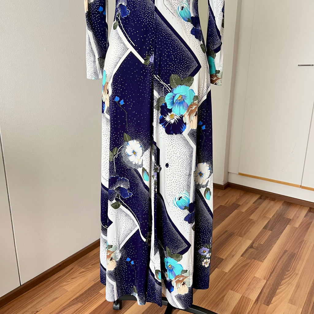 70s Floral Boho Maxi Dress – Mod Geometric Garden Party Gown (EU 38)