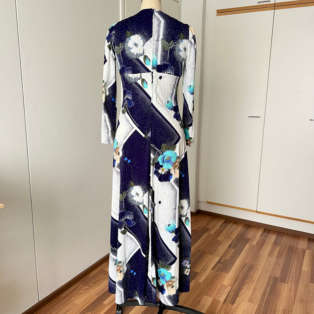 70s Floral Boho Maxi Dress – Mod Geometric Garden Party Gown (EU 38)