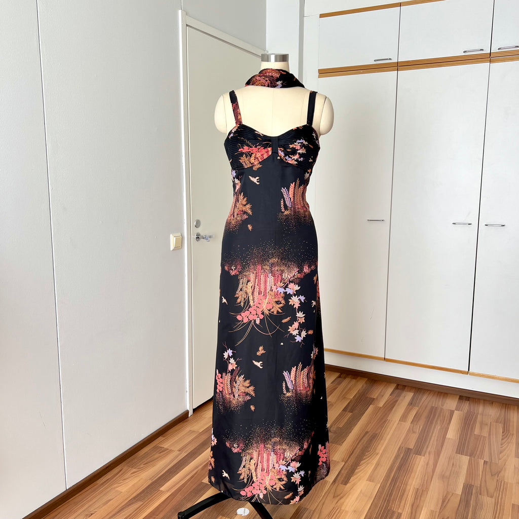 1970s Floral Maxi Dress With Scarf-Deha of Sweden Boho Hippie Dress