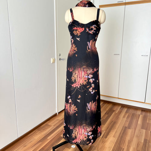 1970s Floral Maxi Dress With Scarf-Deha of Sweden Boho Hippie Dress