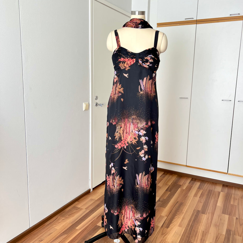 1970s Floral Maxi Dress With Scarf-Deha of Sweden Boho Hippie Dress