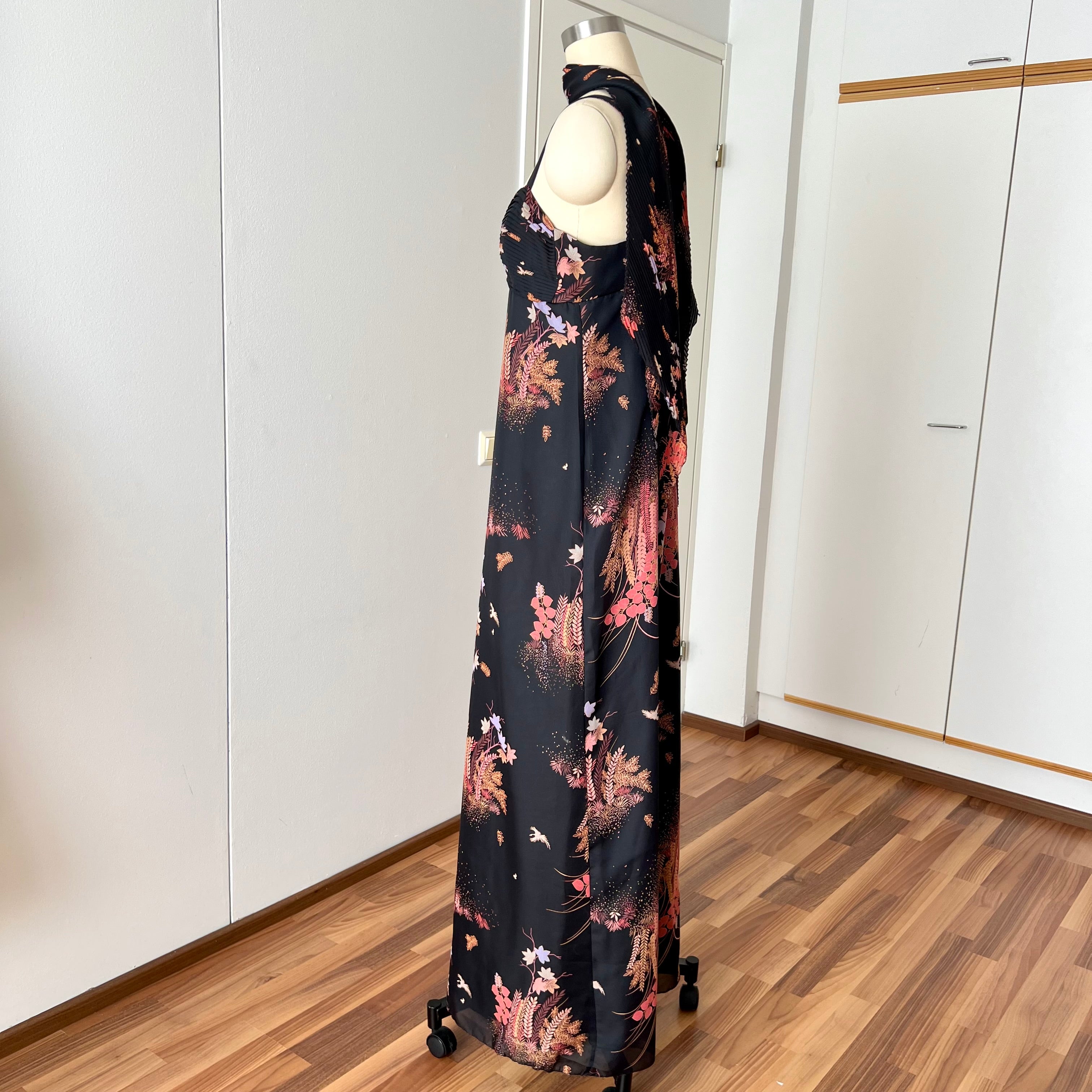 1970s Floral Maxi Dress With Scarf-Deha of Sweden Boho Hippie Dress