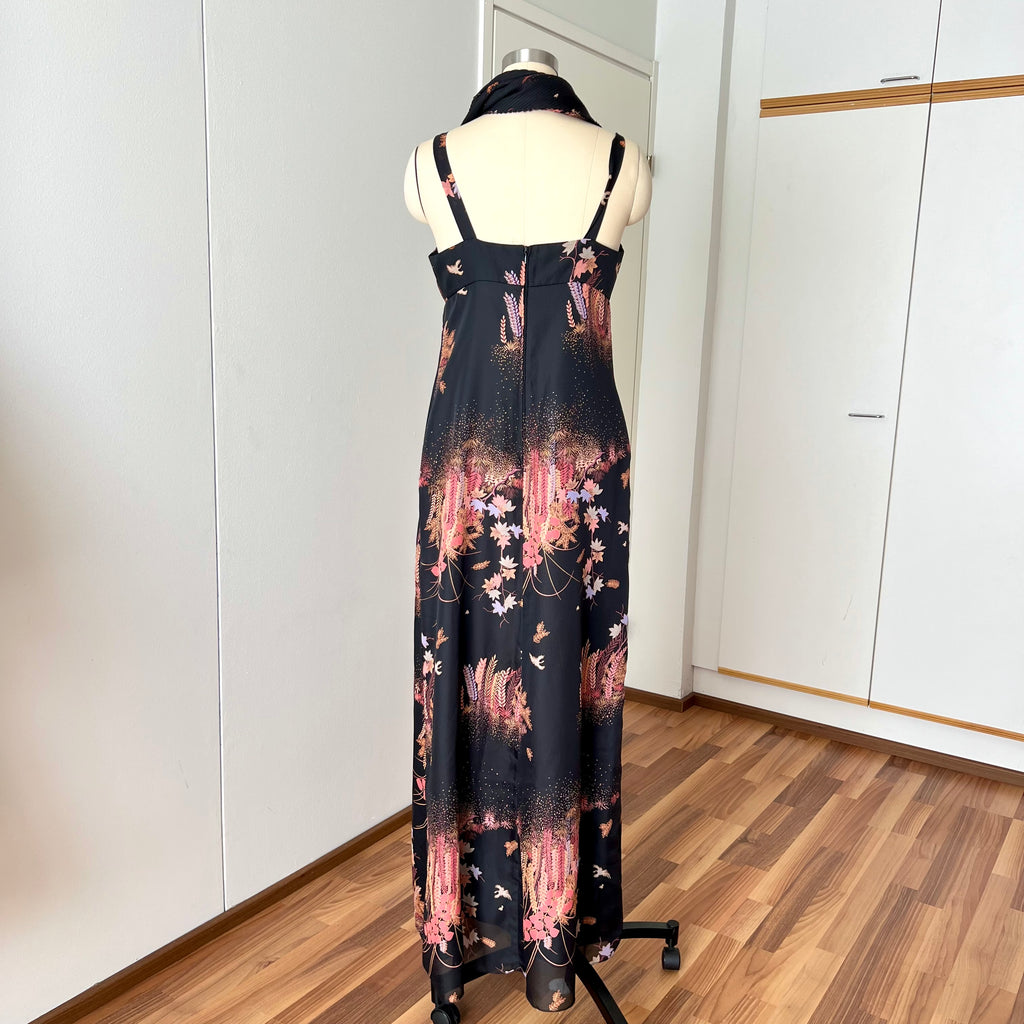 1970s Floral Maxi Dress With Scarf-Deha of Sweden Boho Hippie Dress