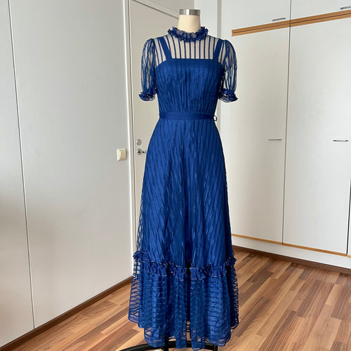 1970s Vintage Romantic Prairie Maxi Dress-Blue Ruffle Victorian Cottagecore Gown
