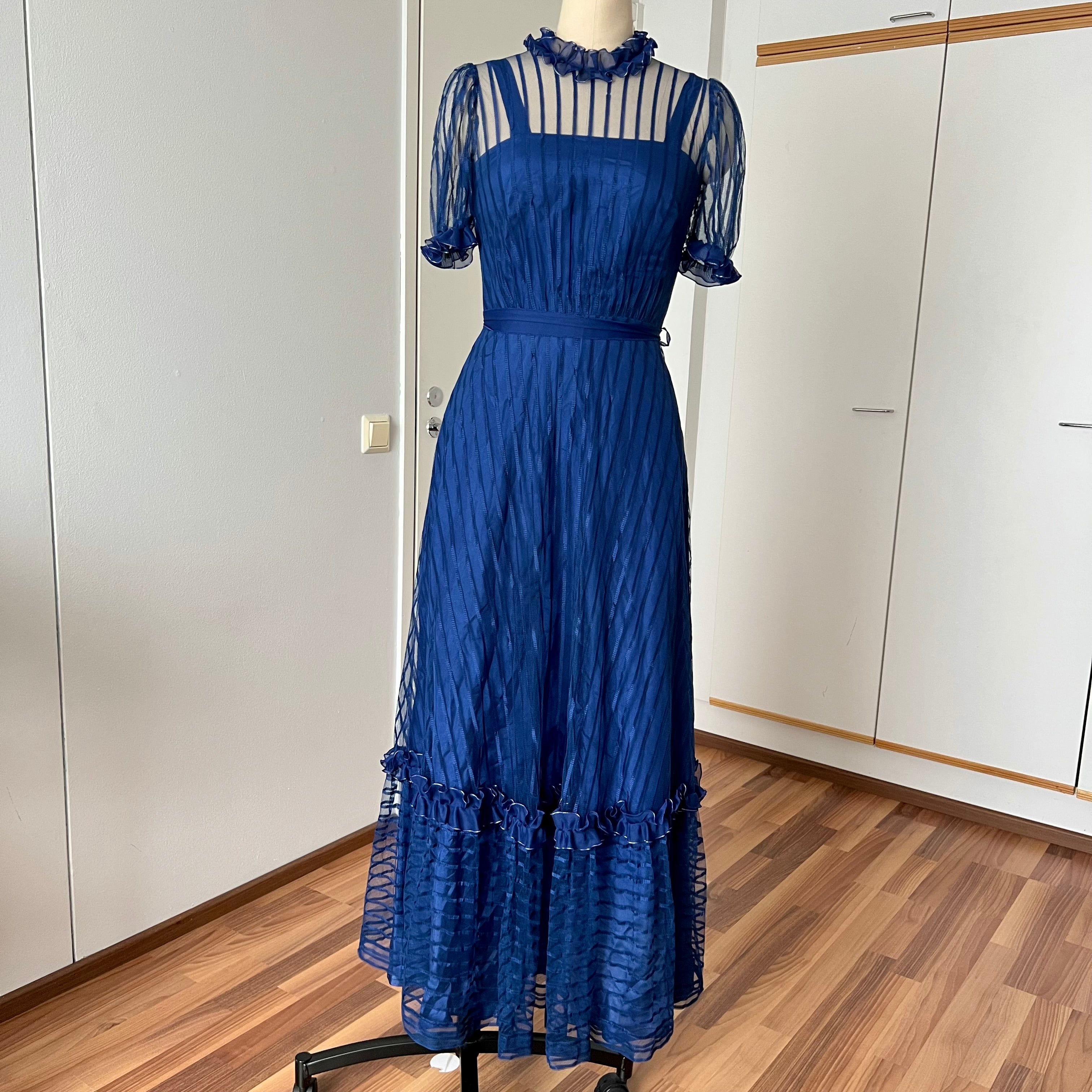 1970s Vintage Romantic Prairie Maxi Dress-Blue Ruffle Victorian Cottagecore Gown