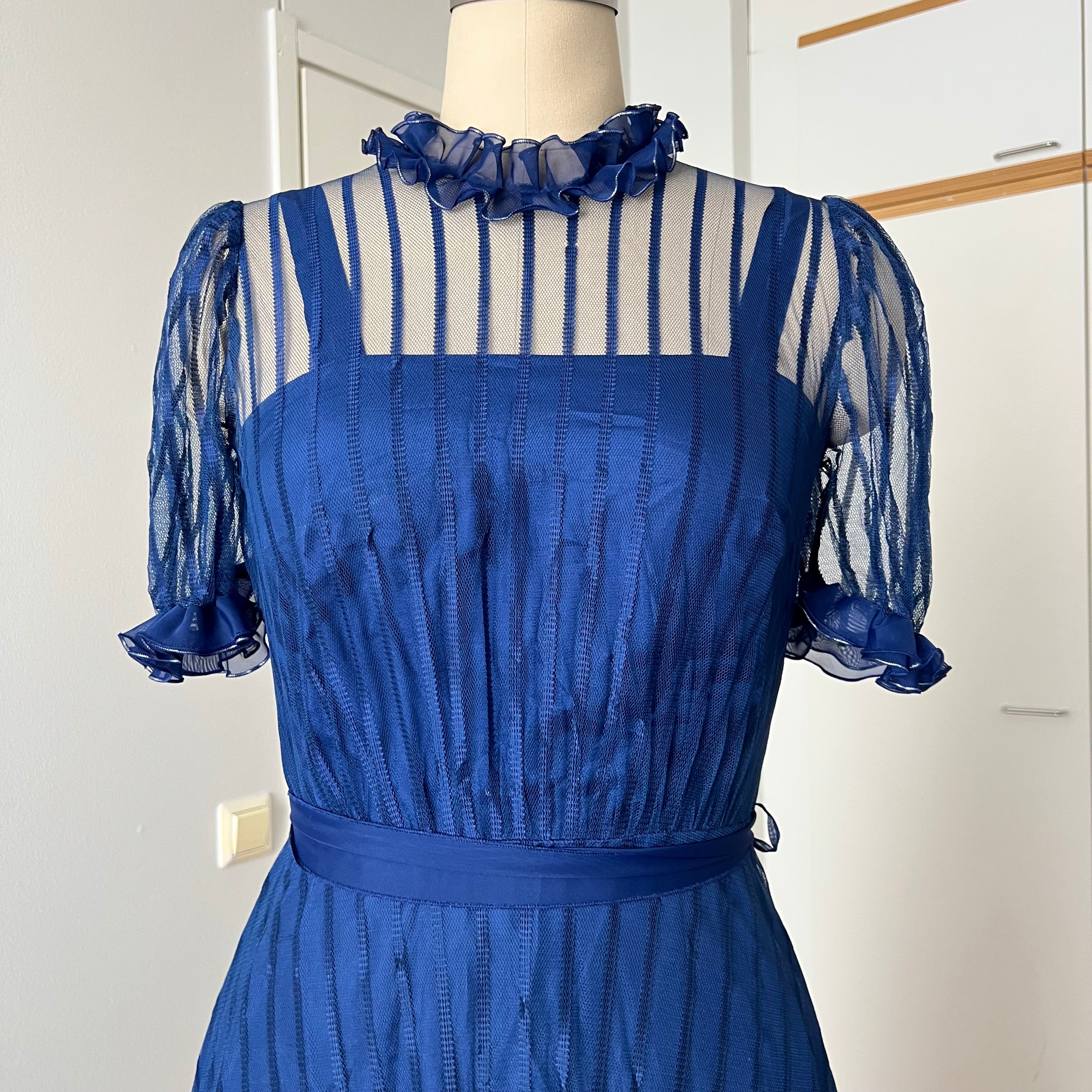 1970s Vintage Romantic Prairie Maxi Dress-Blue Ruffle Victorian Cottagecore Gown